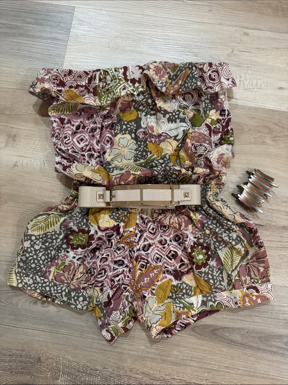 Heritage 1981 Multicolor Floral Off-Shoulder Romper with Olive Accents
